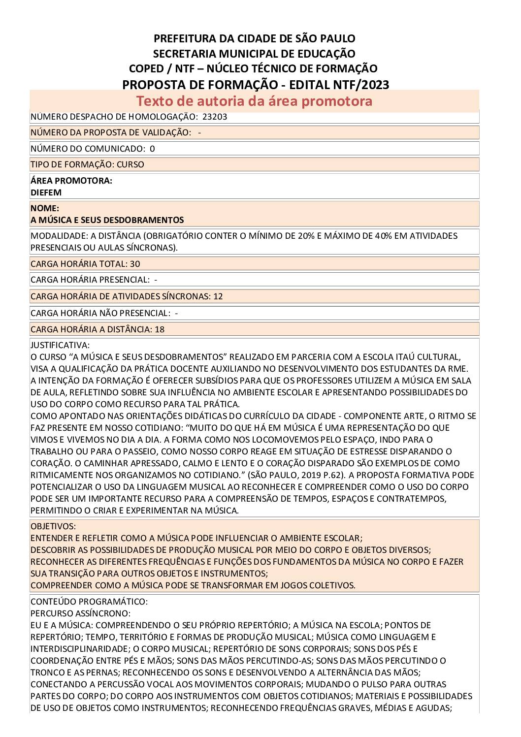 PROPOSTA FORMATIVA HOMOLOGADA PELA SME.