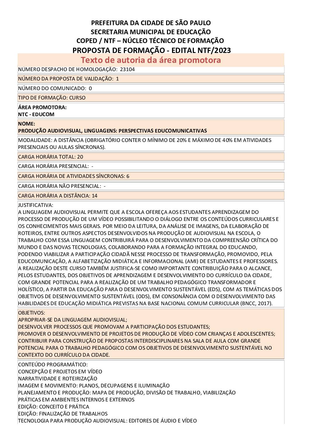 PROPOSTA FORMATIVA HOMOLOGADA PELA SME.