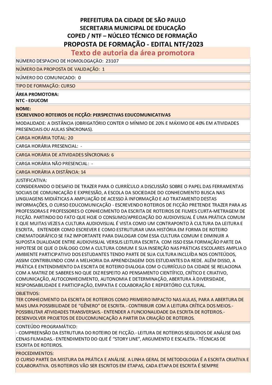PROPOSTA FORMATIVA HOMOLOGADA PELA SME.