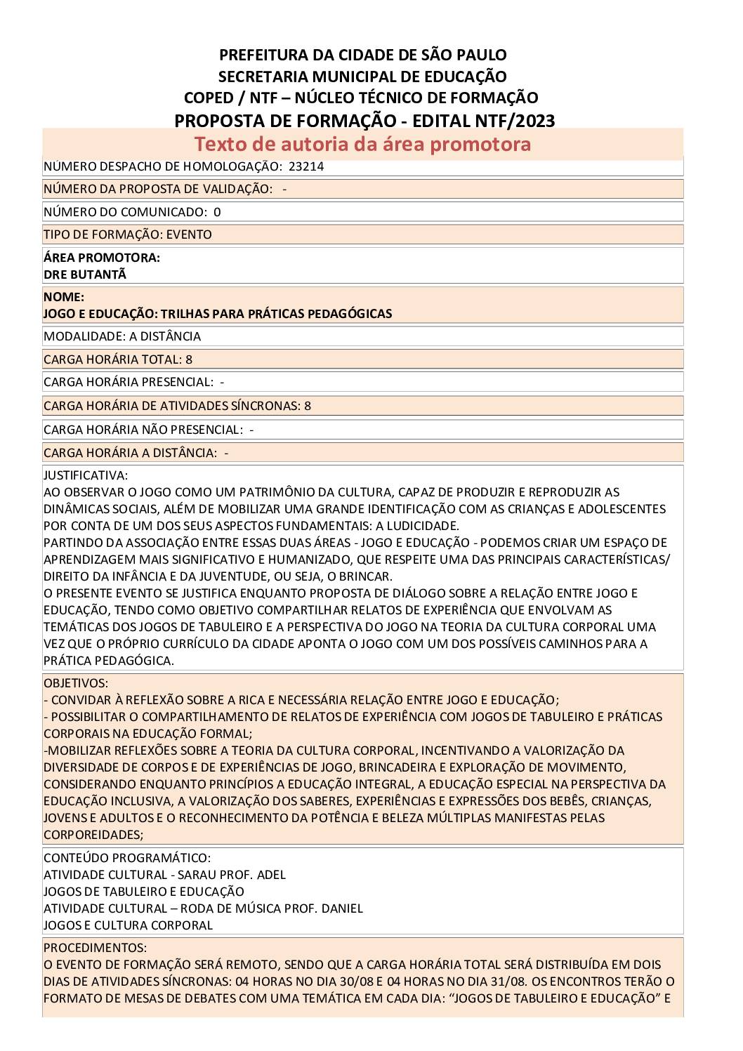 PROPOSTA FORMATIVA HOMOLOGADA PELA SME.