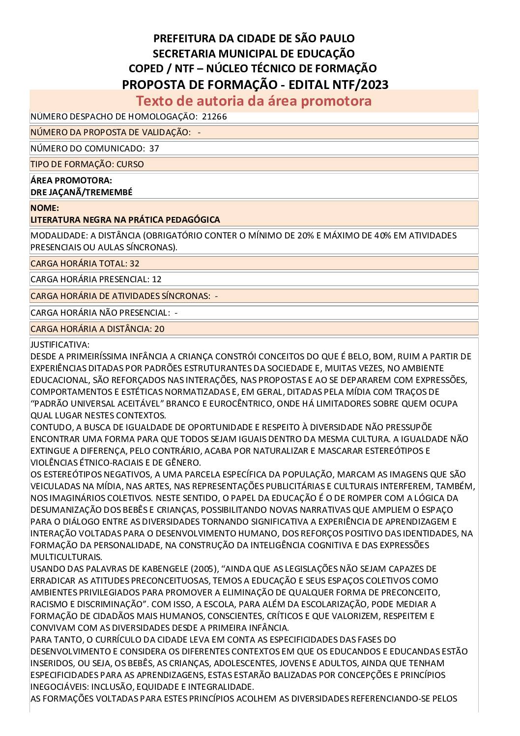 PROPOSTA FORMATIVA HOMOLOGADA PELA SME.
