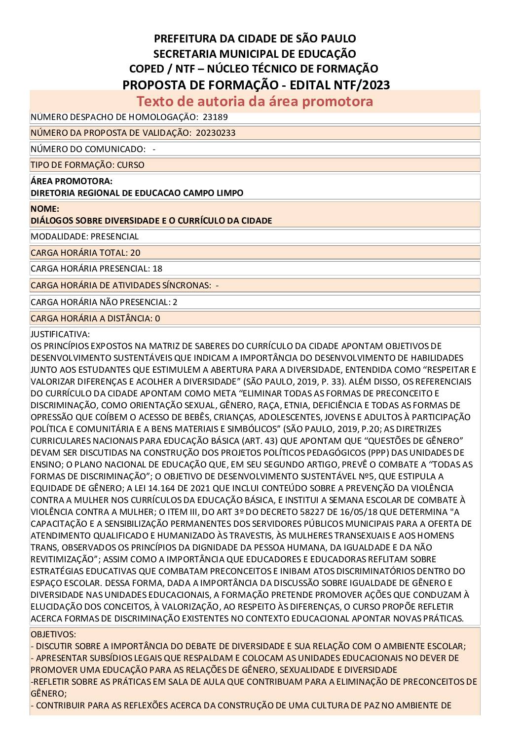 PROPOSTA FORMATIVA HOMOLOGADA PELA SME.