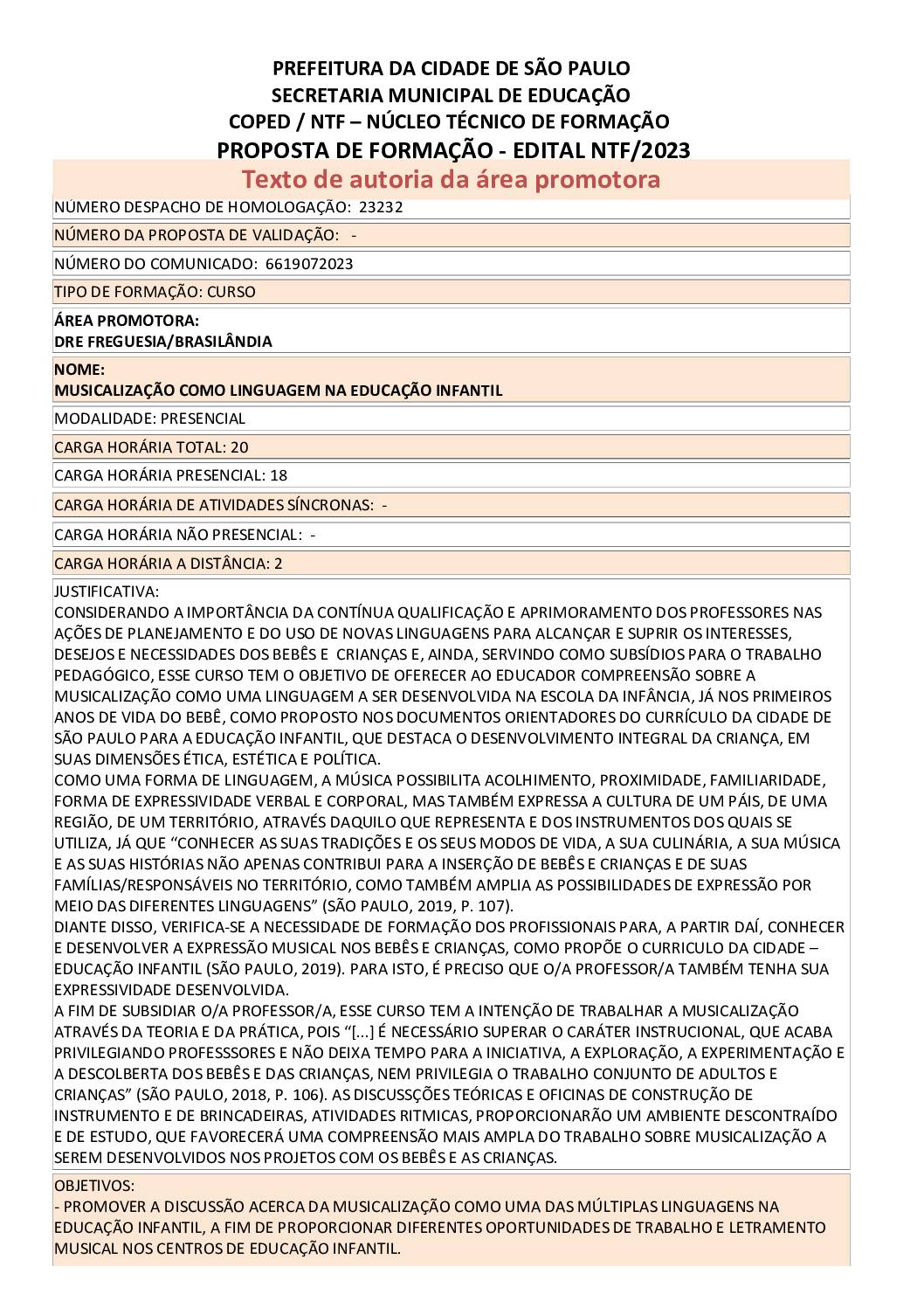 PROPOSTA FORMATIVA HOMOLOGADA PELA SME.