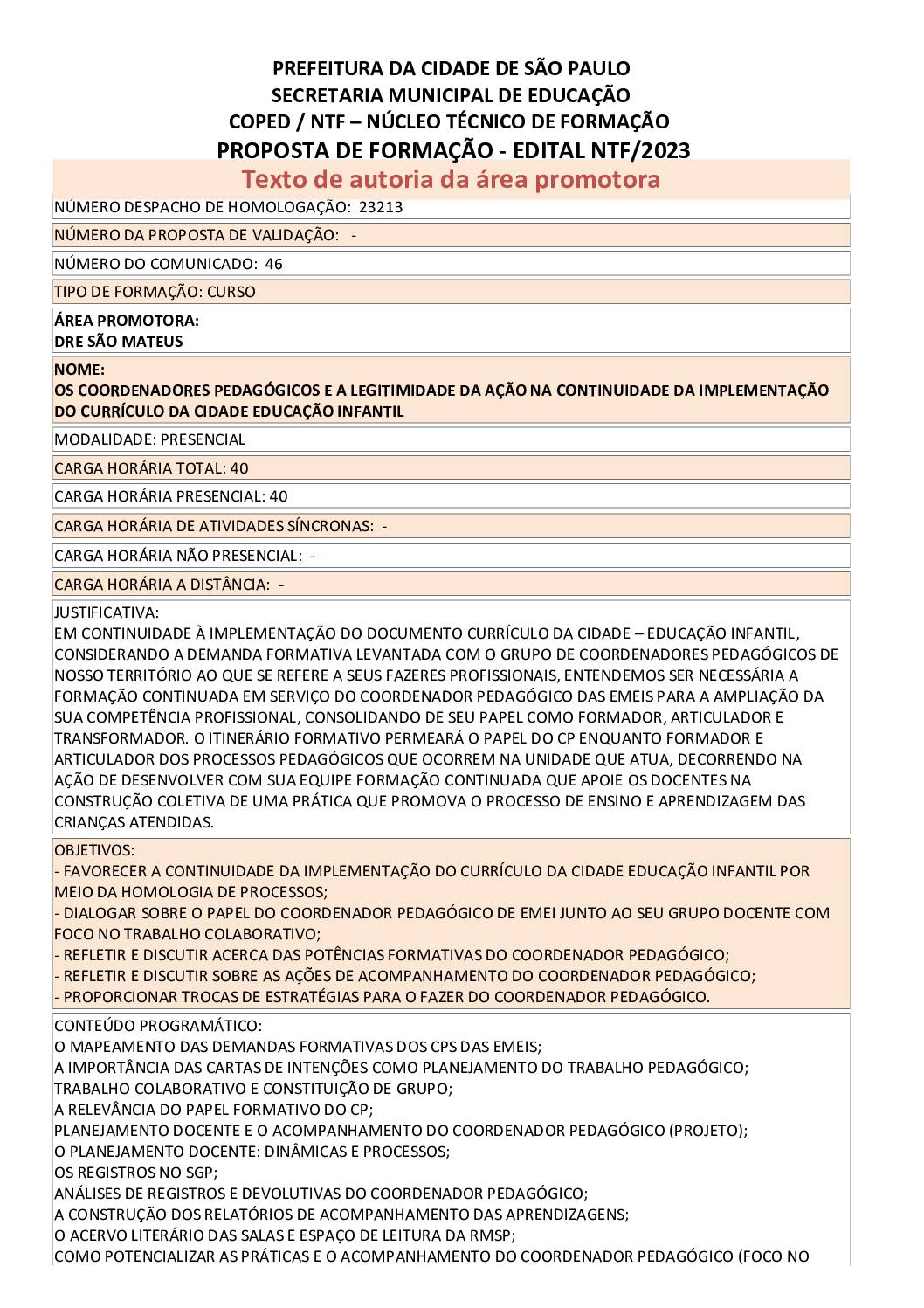 PROPOSTA FORMATIVA HOMOLOGADA PELA SME.