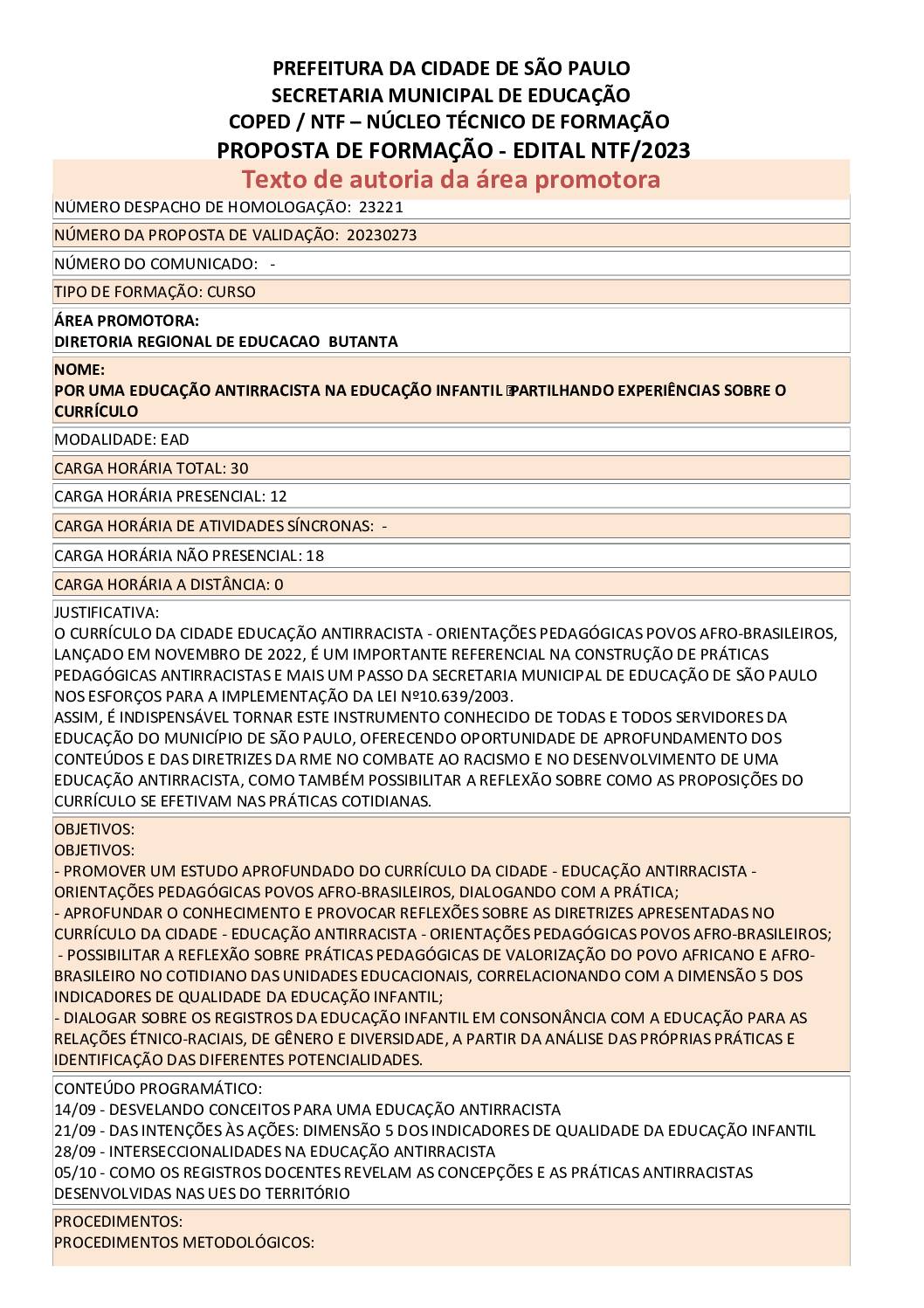PROPOSTA FORMATIVA HOMOLOGADA PELA SME. 
