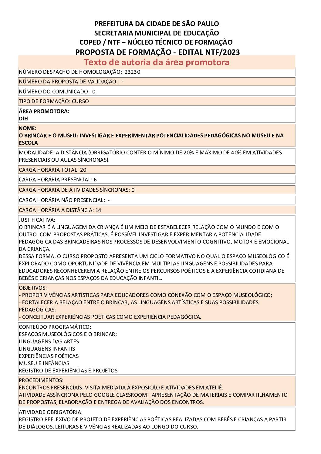 PROPOSTA FORMATIVA HOMOLOGADA PELA SME.