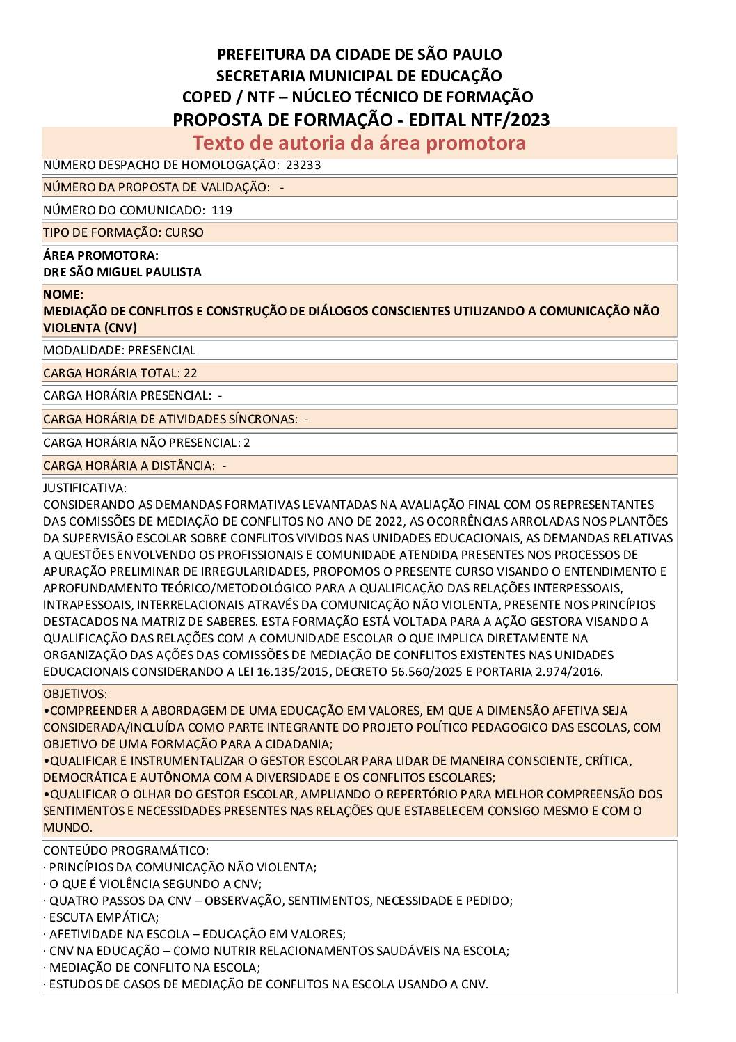 PROPOSTA FORMATIVA HOMOLOGADA PELA SME.