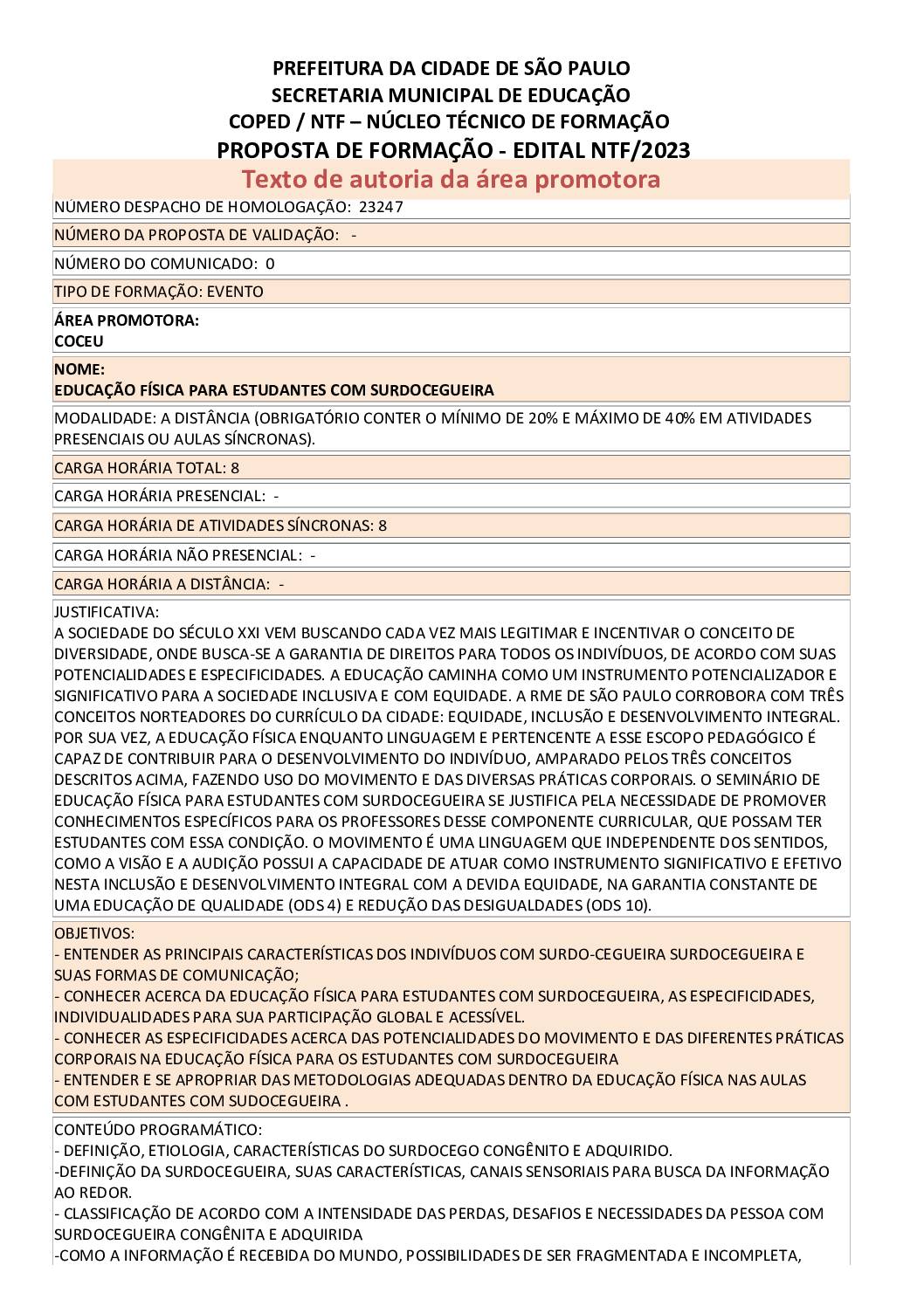 PROPOSTA FORMATIVA HOMOLOGADA PELA SME.