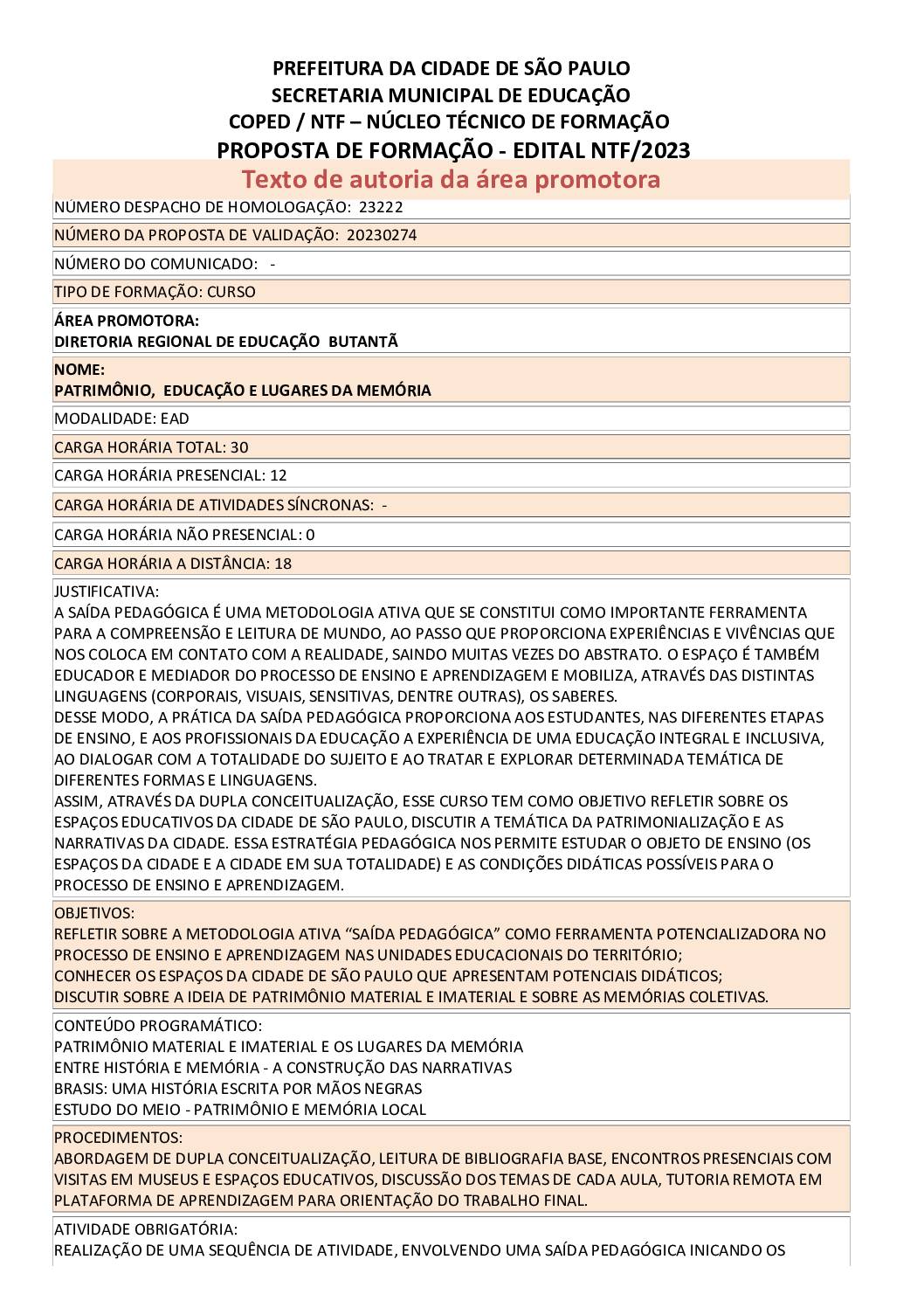 PROPOSTA FORMATIVA HOMOLOGADA PELA SME.