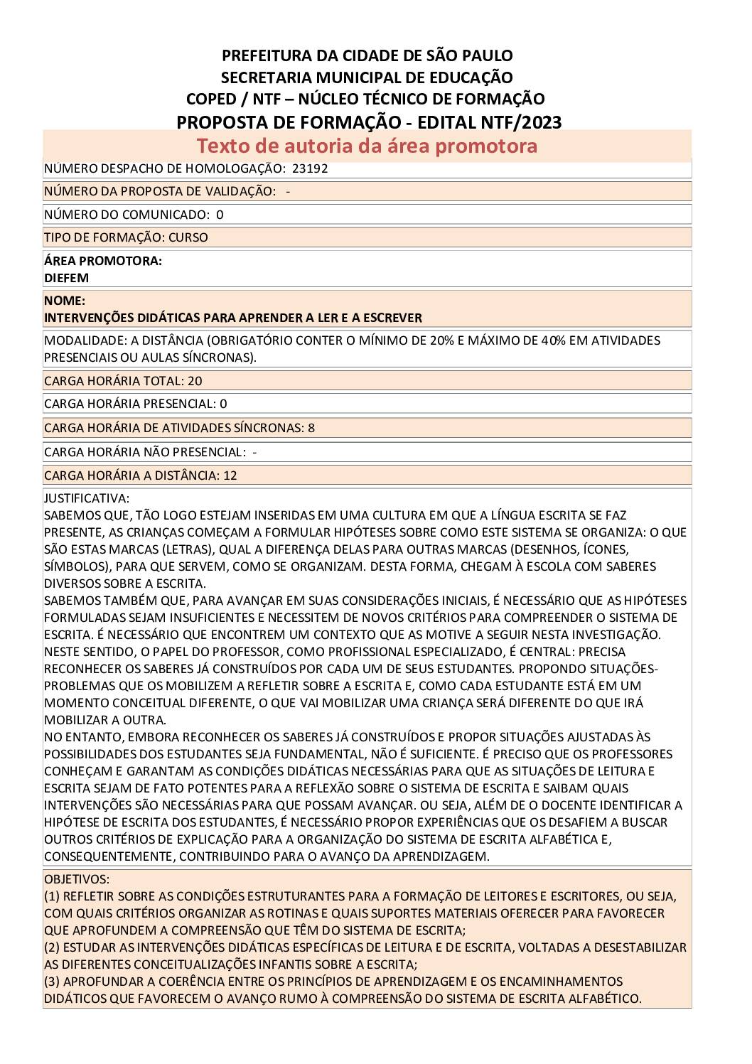 PROPOSTA FORMATIVA HOMOLOGADA PELA SME.