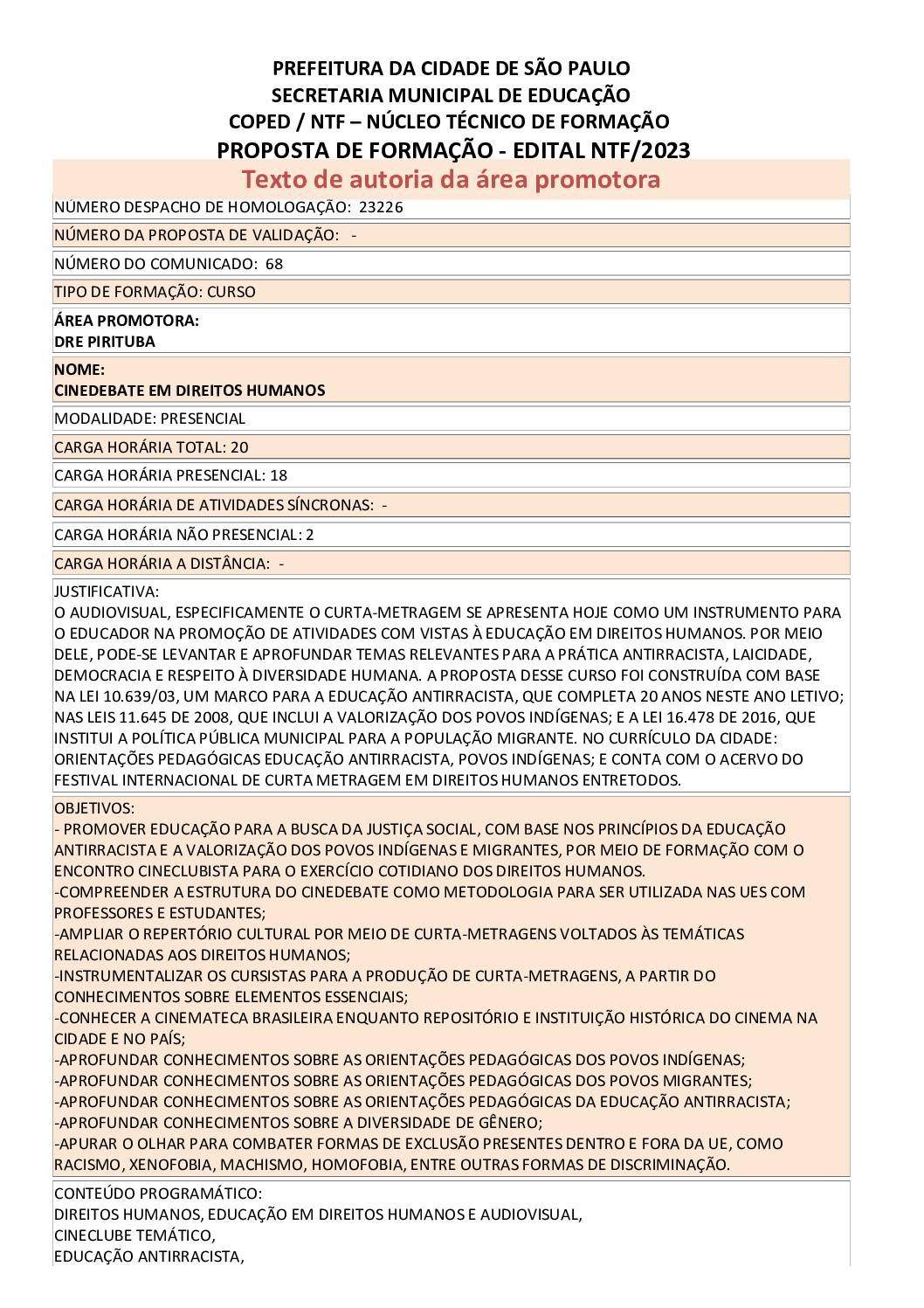 PROPOSTA FORMATIVA HOMOLOGADA PELA SME.
