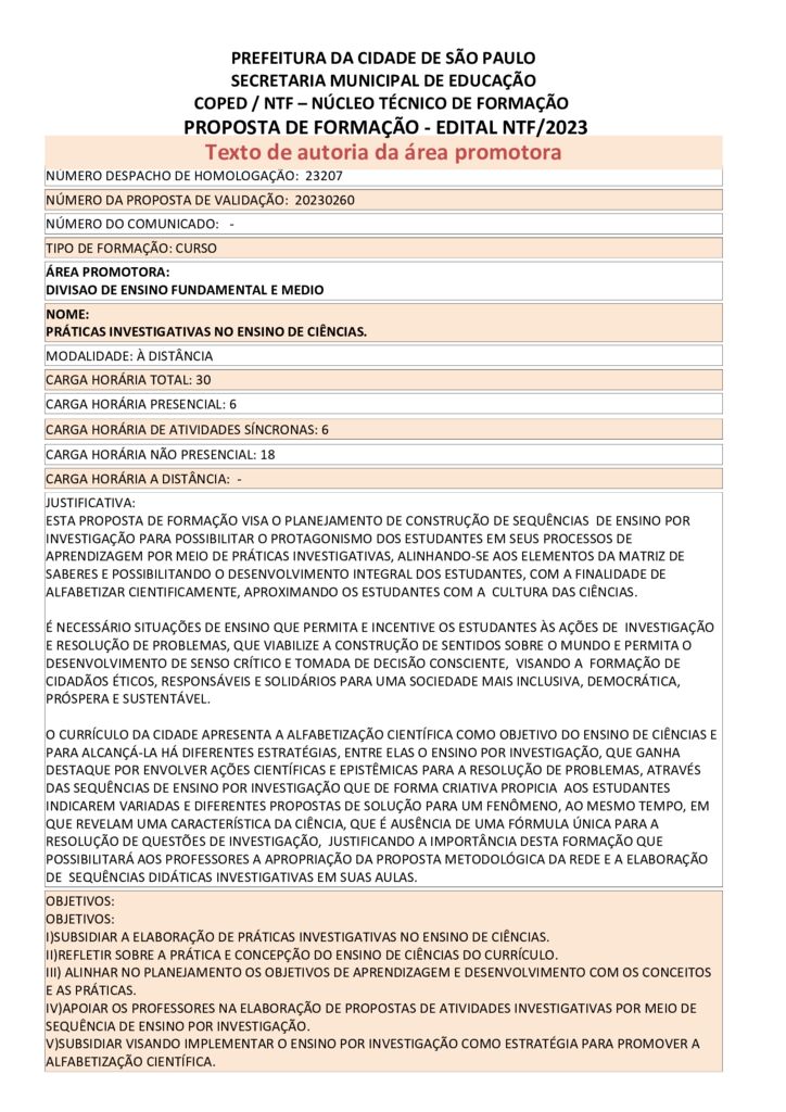 Proposta Formativa Homologada pela SME
