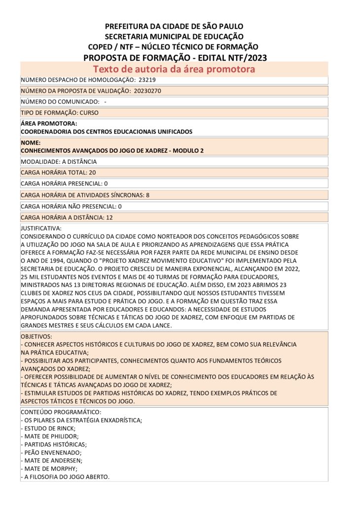 Proposta Formativa Homologada pela SME