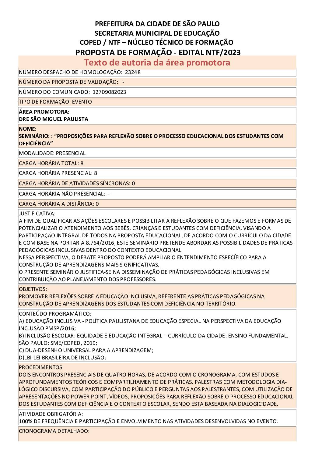Proposta Formativa homologada pela SME