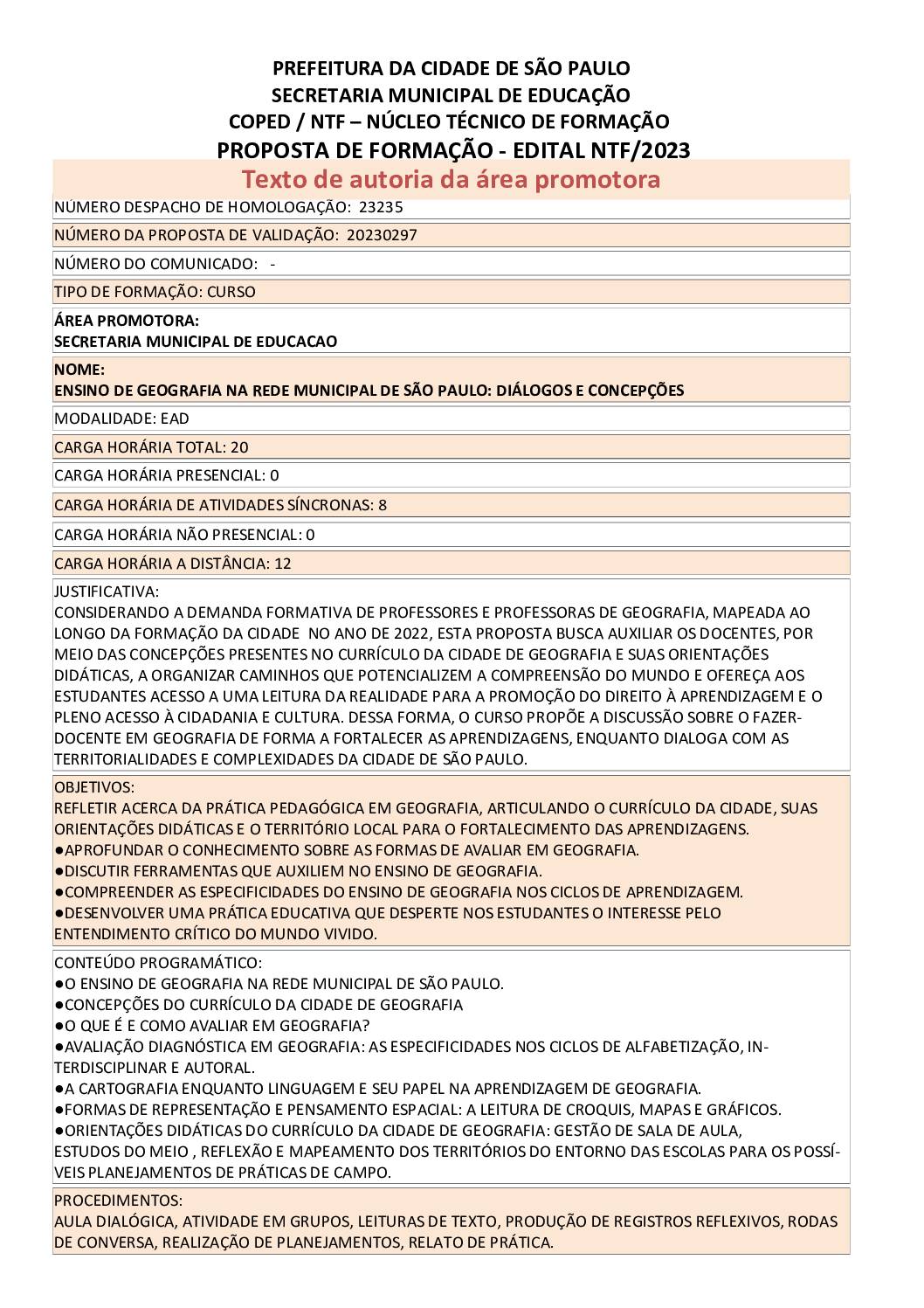 PROPOSTA FORMATIVA HOMOLOGADA PELA SME.