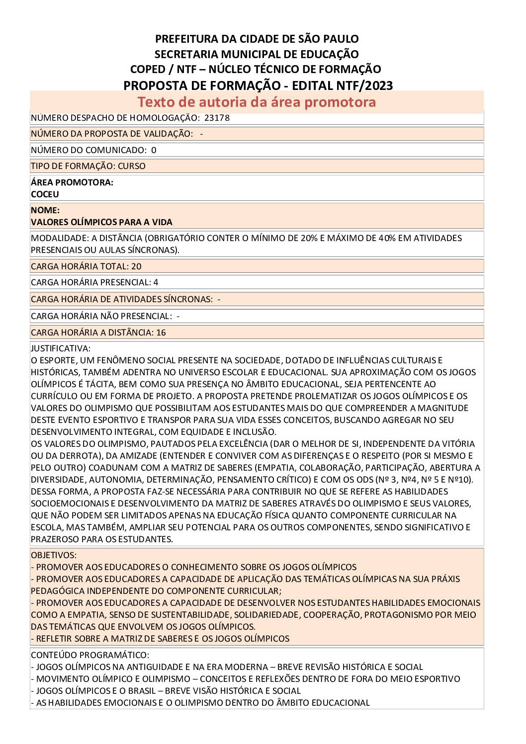 PROPOSTA FORMATIVA HOMOLOGADA PELA SME.