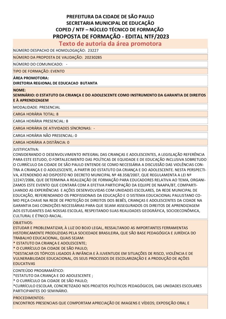 PROPOSTA FORMATIVA HOMOLOGADA PELA SME.