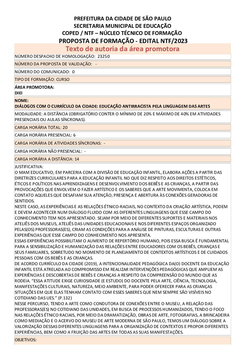 PROPOSTA FORMATIVA HOMOLOGADA PELA SME.