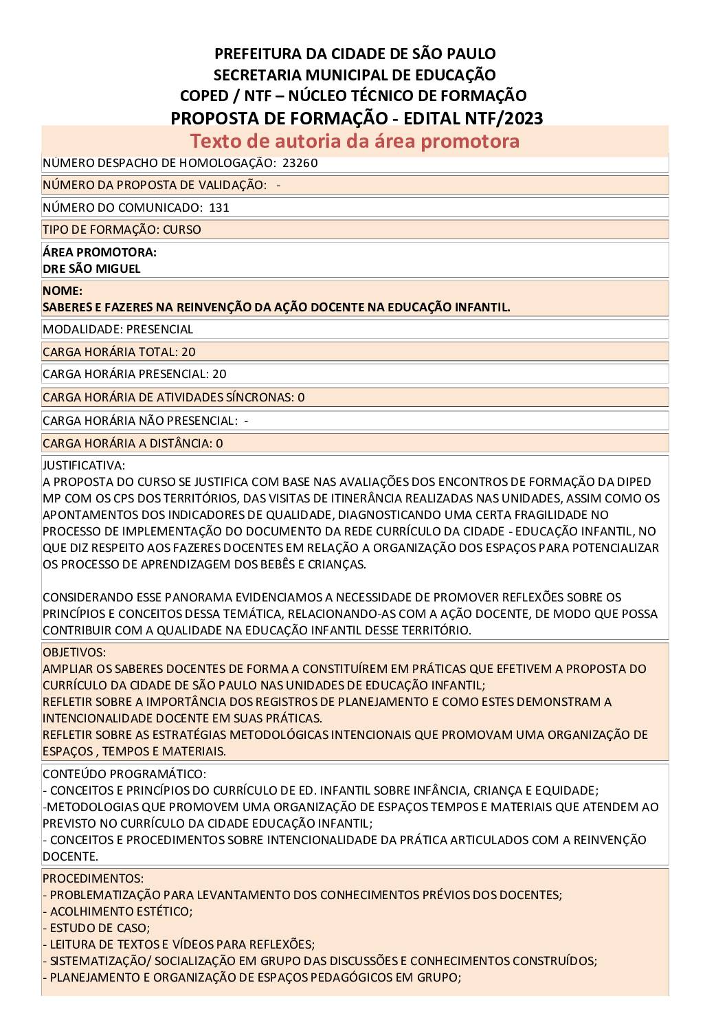 Proposta Formativa Homologada pela SME