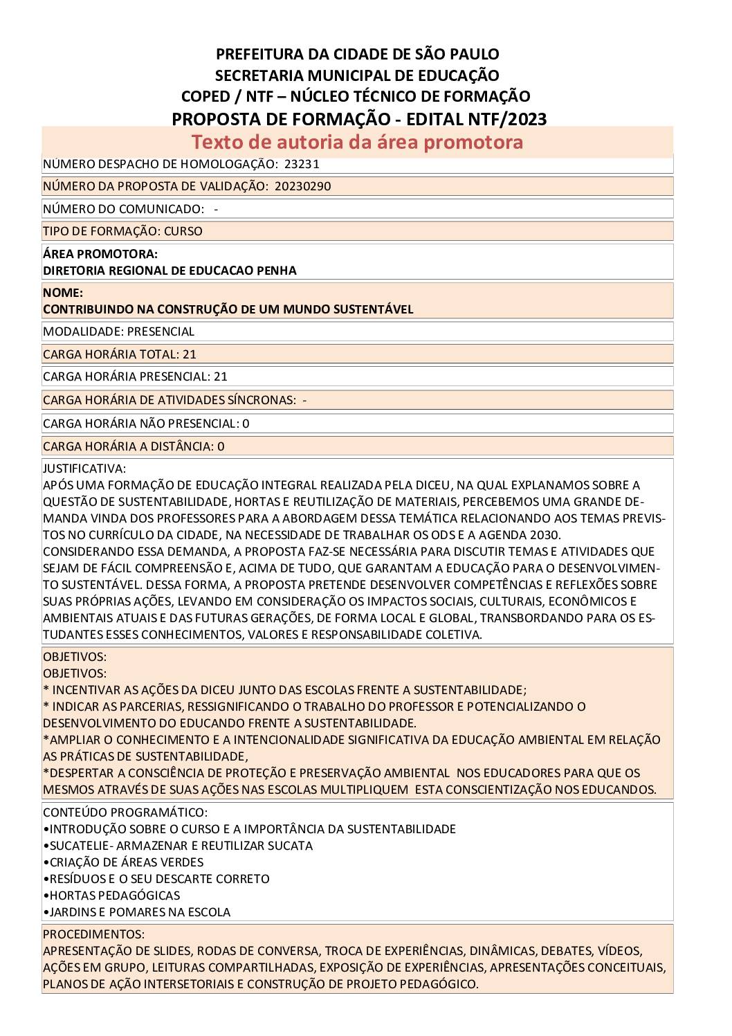 PROPOSTA FORMATIVA HOMOLOGADA PELA SME.