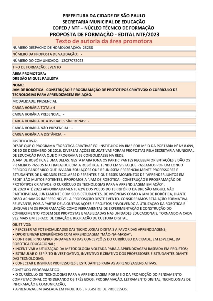 PROPOSTA FORMATIVA HOMOLOGADA PELA SME.