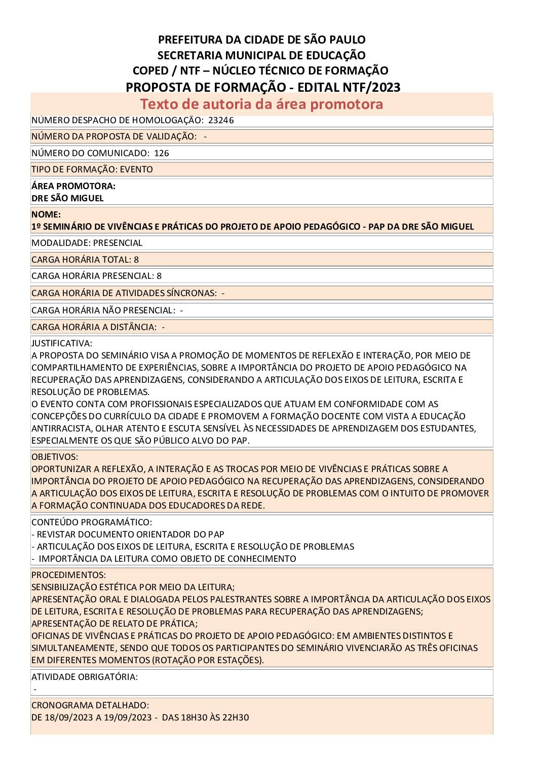PROPOSTA FORMATIVA HOMOLOGADA PELA SME.
