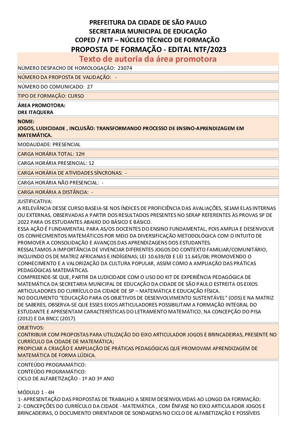 PROPOSTA FORMATIVA HOMOLOGADA PELA SME.