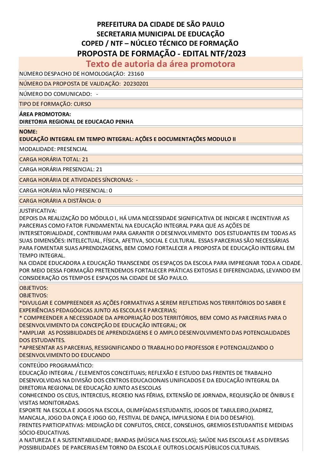 PROPOSTA FORMATIVA HOMOLOGADA PELA SME.