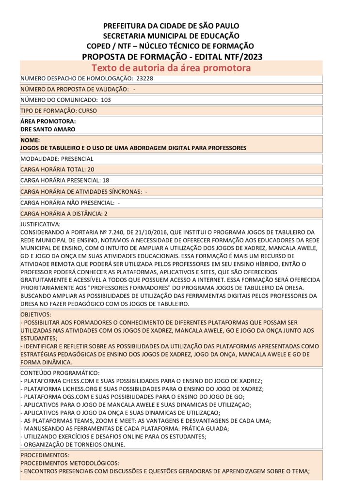 PROPOSTA FORMATIVA HOMOLOGADA PELA SME.