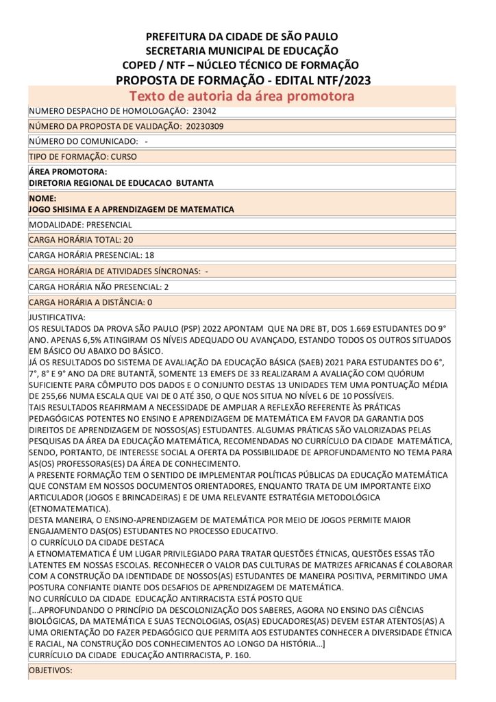 PROPOSTA FORMATIVA HOMOLOGADA PELA SME.