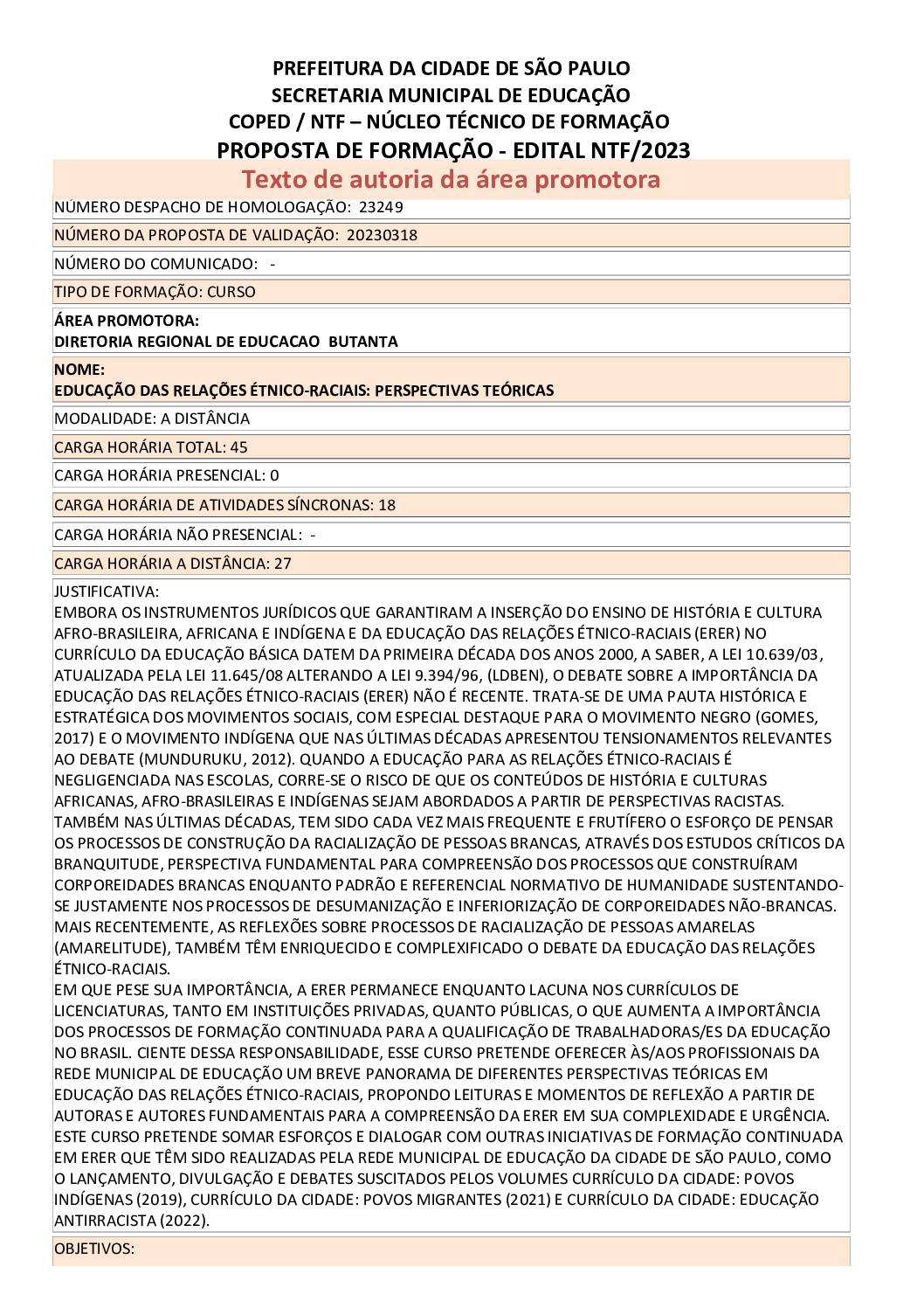 PROPOSTA FORMATIVA HOMOLOGADA PELA SME.