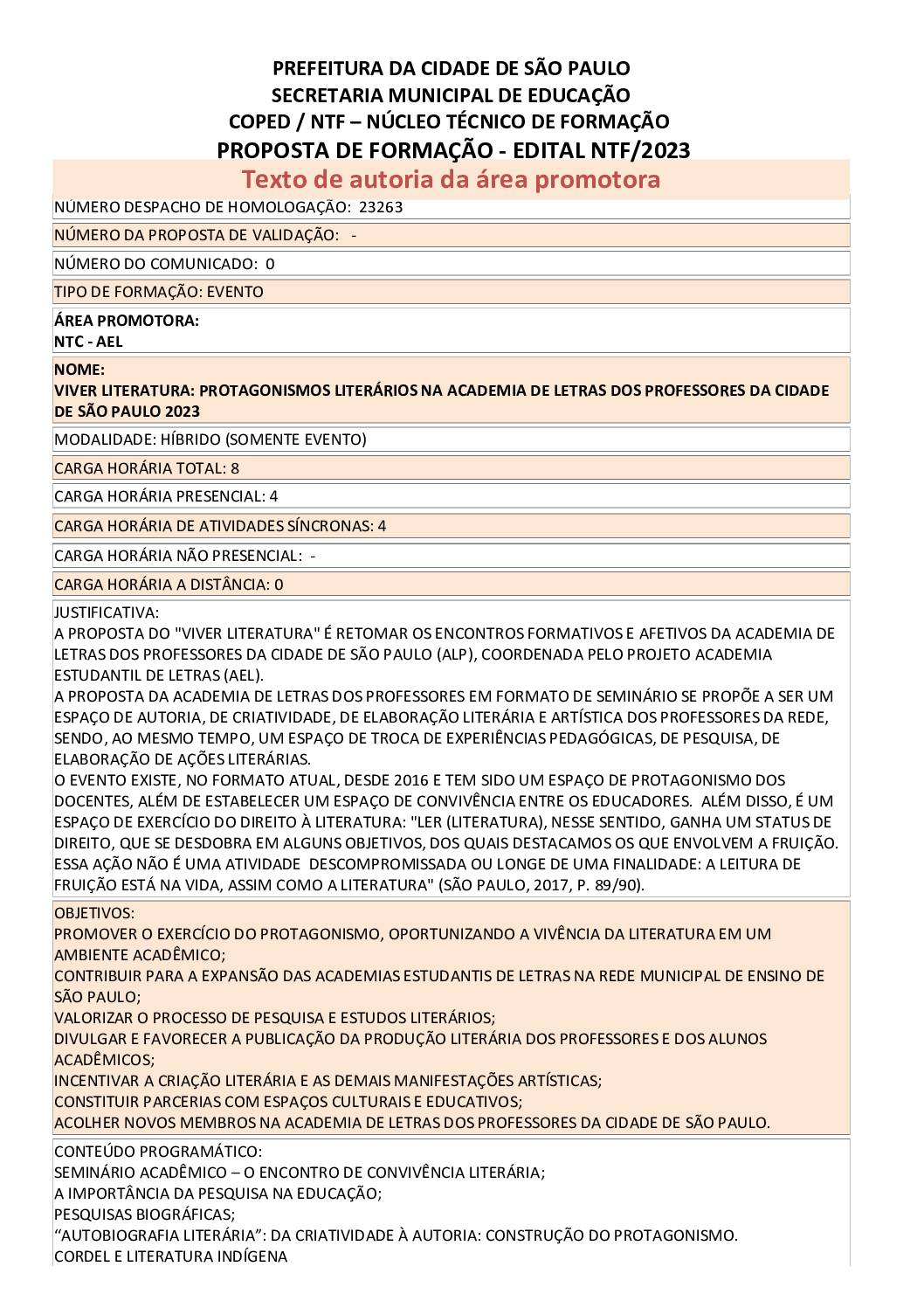 Proposta formativa homologada pela SME.