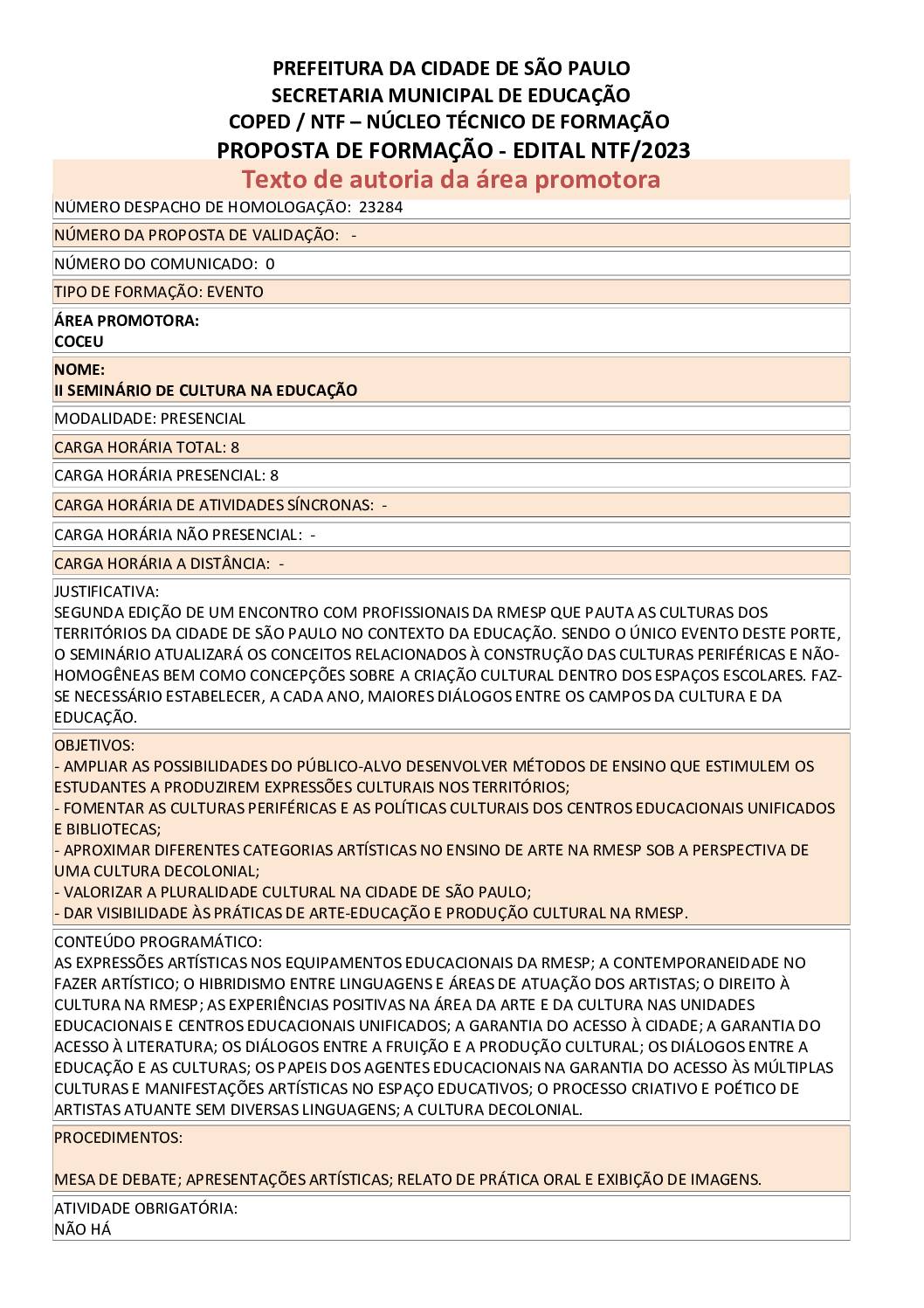 Proposta formativa homologada pela SME.