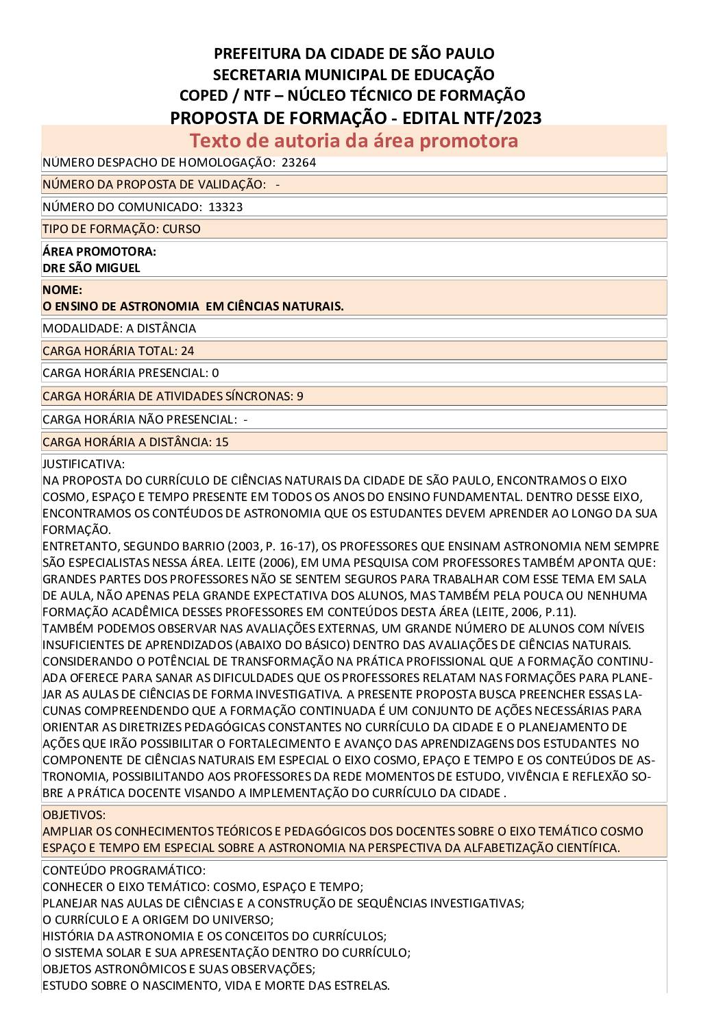 Proposta formativa homologada pela SME.