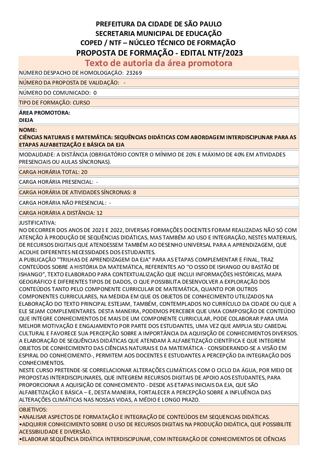 Proposta formativa homologada pela SME.