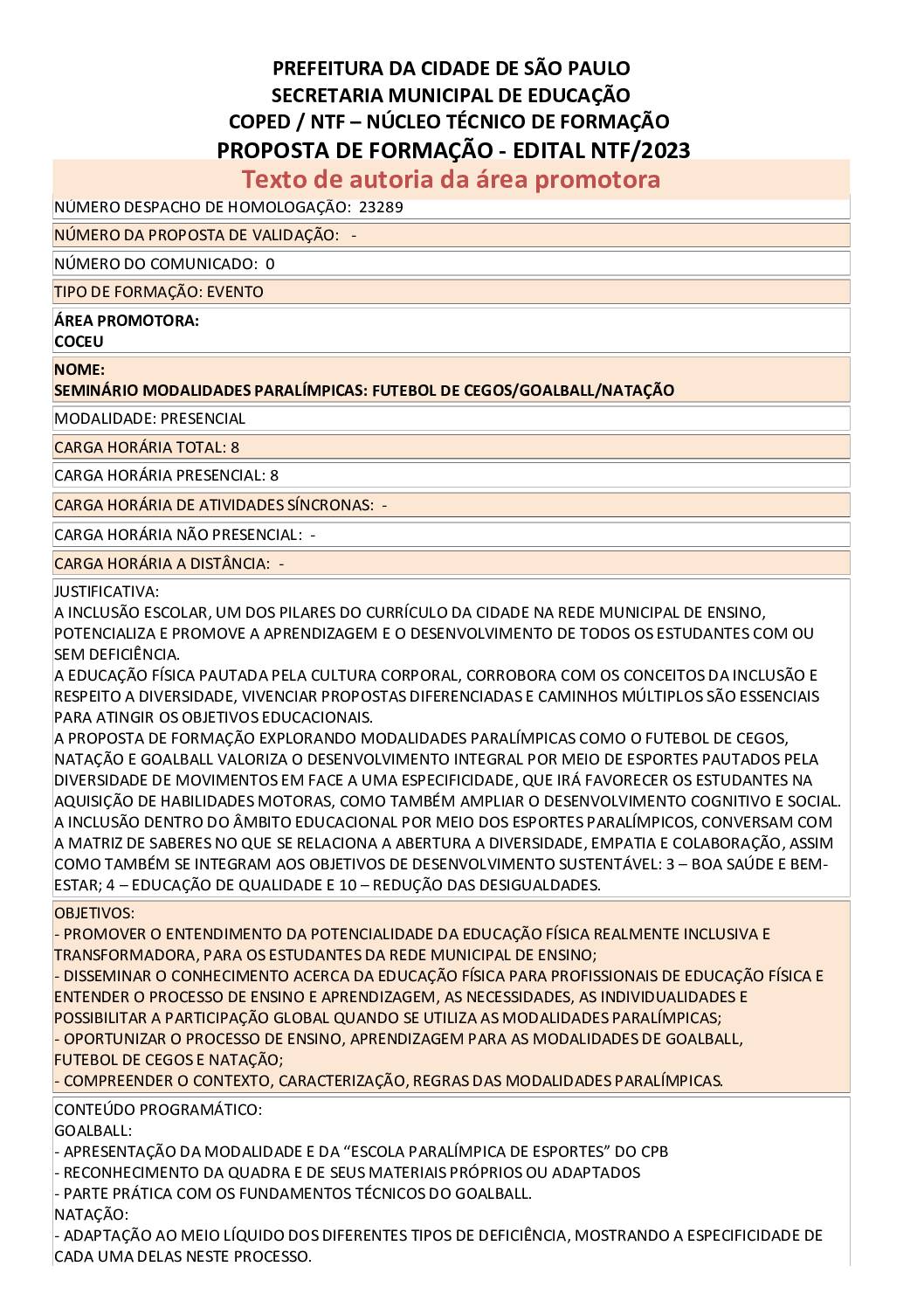 Proposta formativa homologada pela SME.