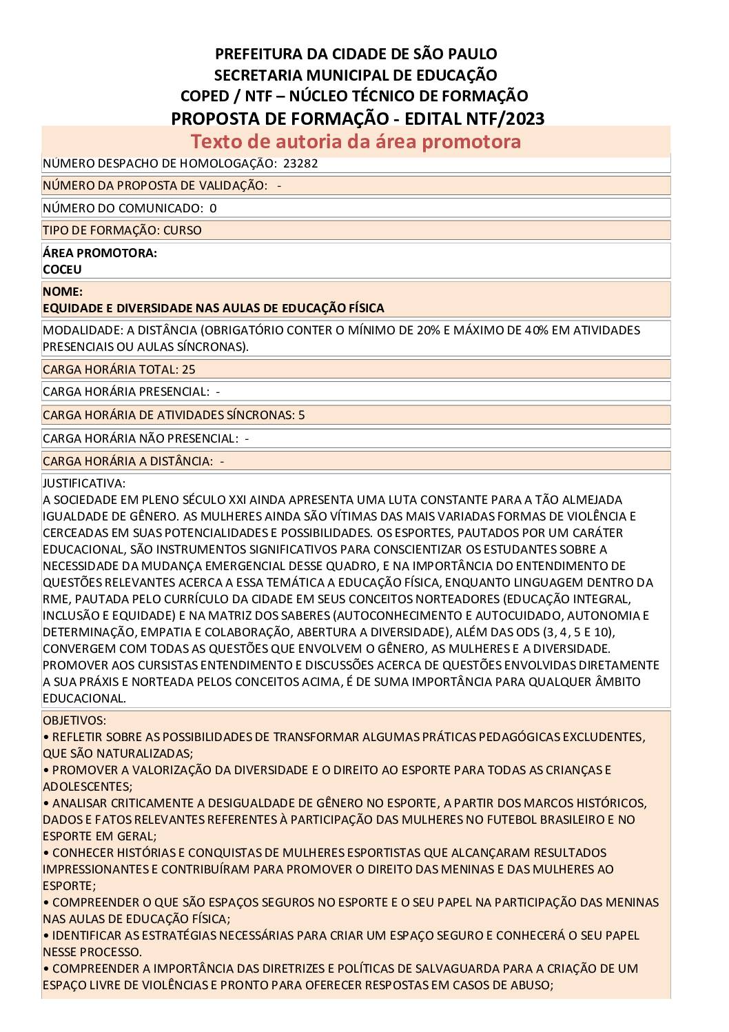 PROPOSTA FORMATIVA HOMOLOGADA PELA SME.