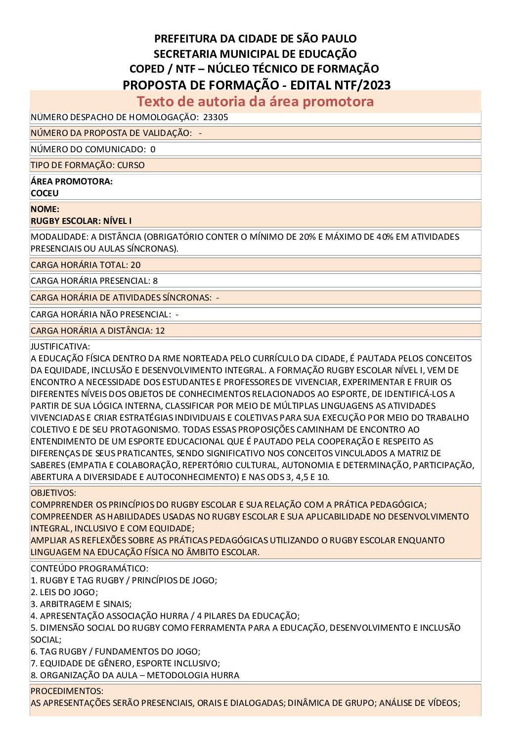 PROPOSTA FORMATIVA HOMOLOGADA PELA SME.