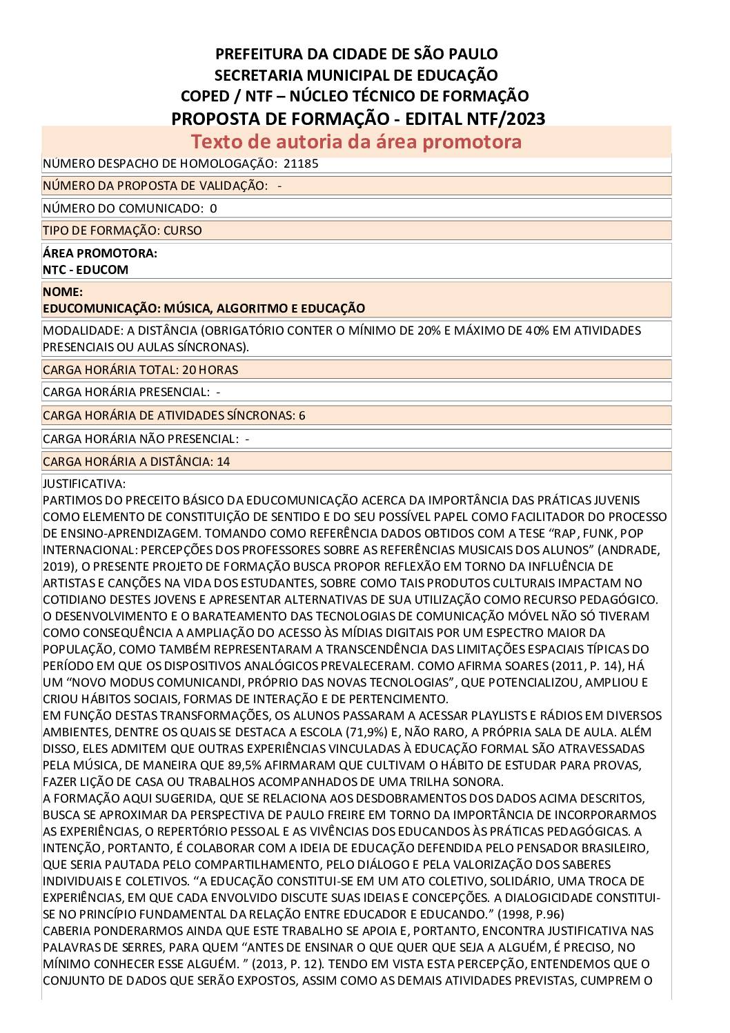 PROPOSTA FORMATIVA HOMOLOGADA PELA SME.