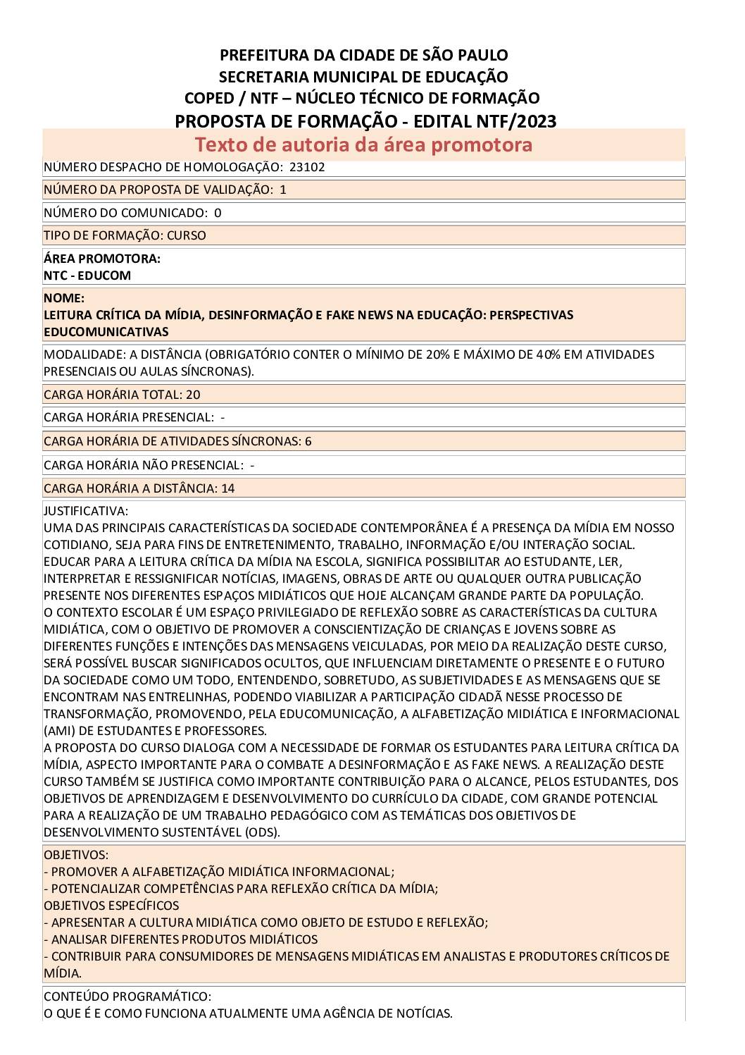 PROPOSTA FORMATIVA HOMOLOGADA PELA SME.