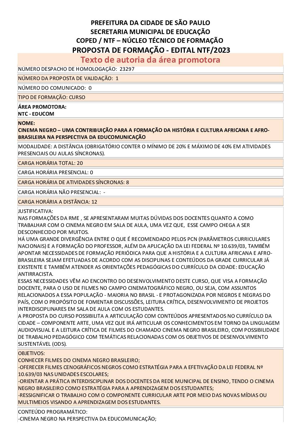 PROPOSTA FORMATIVA HOMOLOGADA PELA SME.