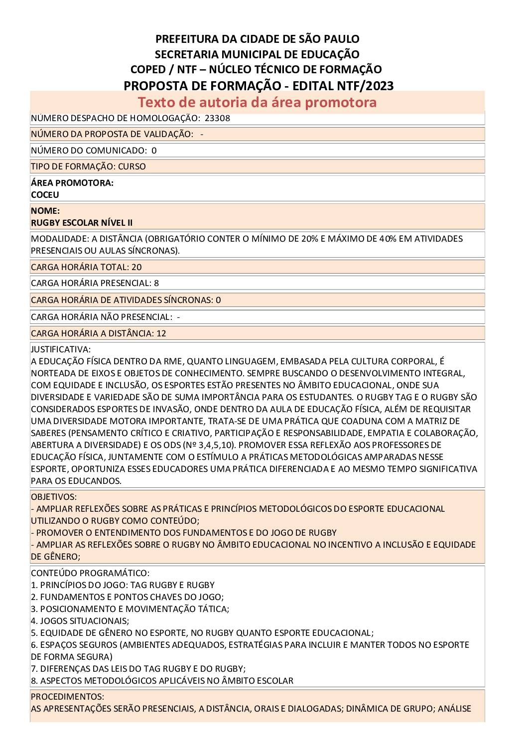 Proposta Formativa Homologada pela SME.