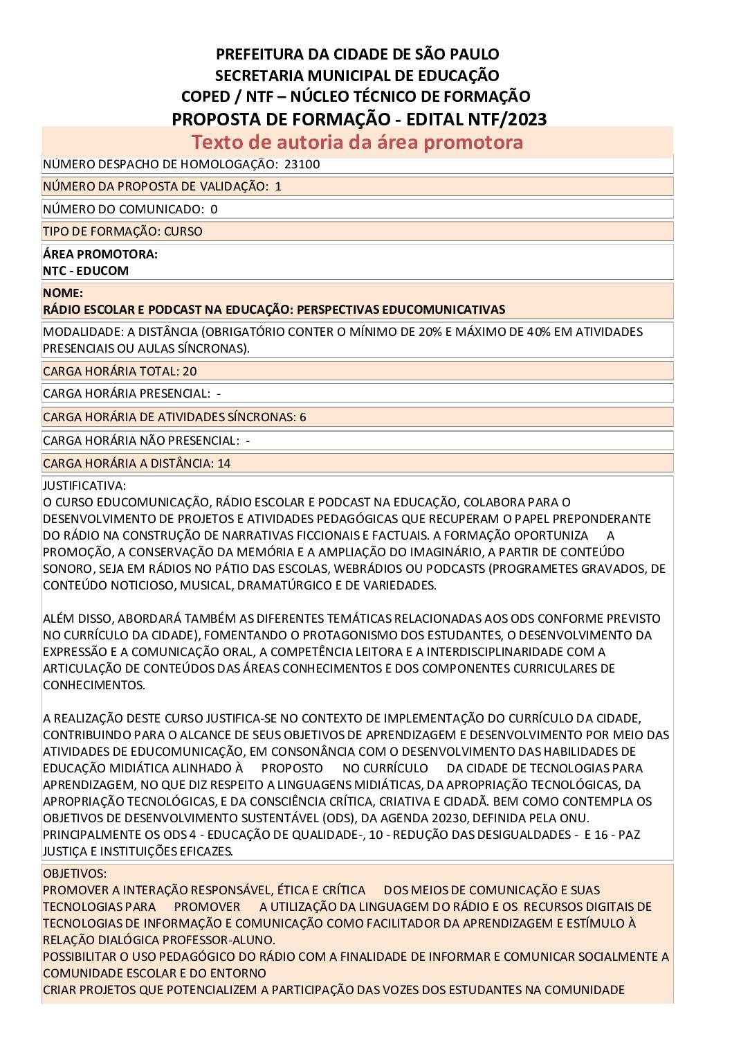 Proposta Formativa Homologada pela SME.