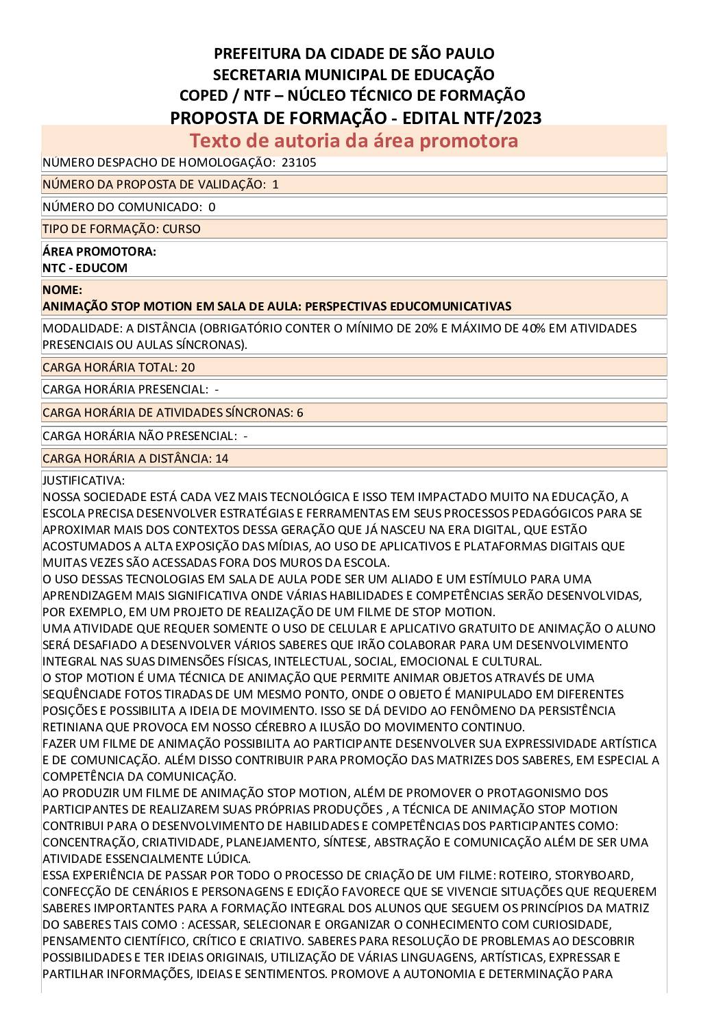 Proposta Formativa Homologada pela SME.