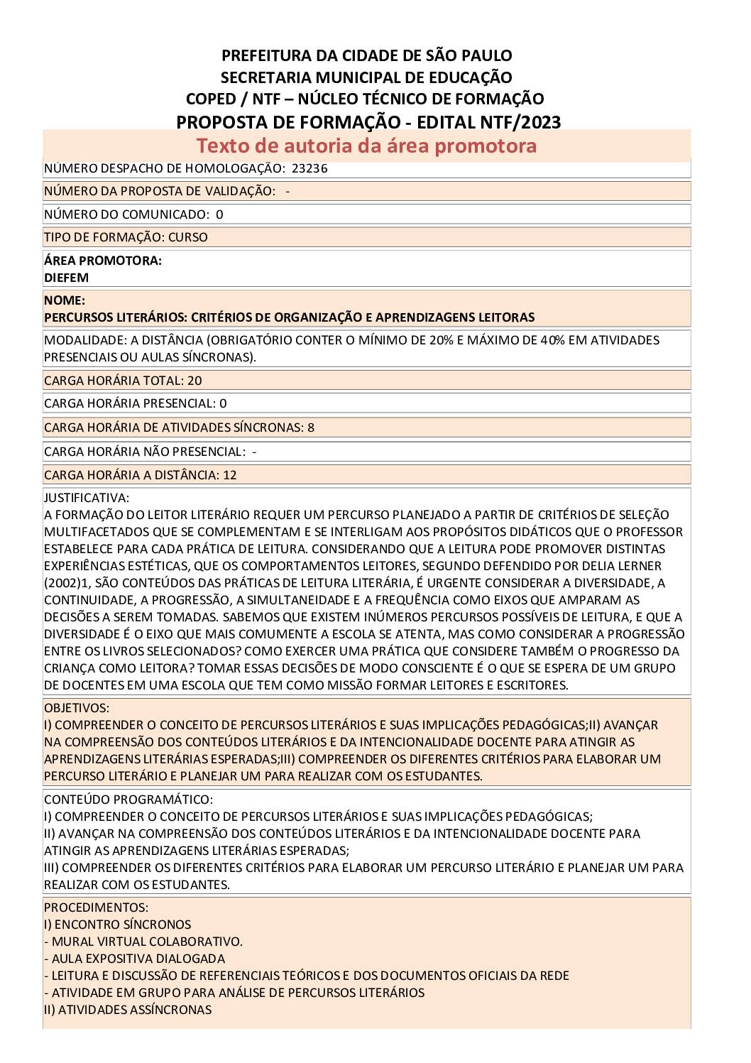 Proposta Formativa Homologada pela SME.