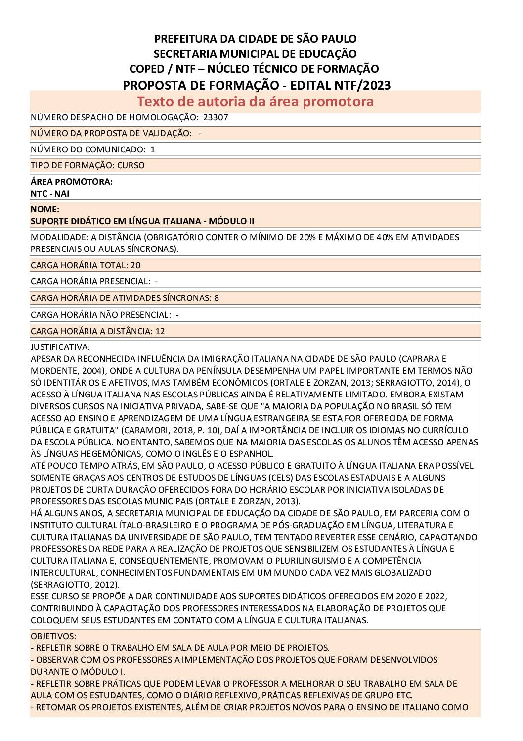 Proposta Formativa Homologada pela SME.