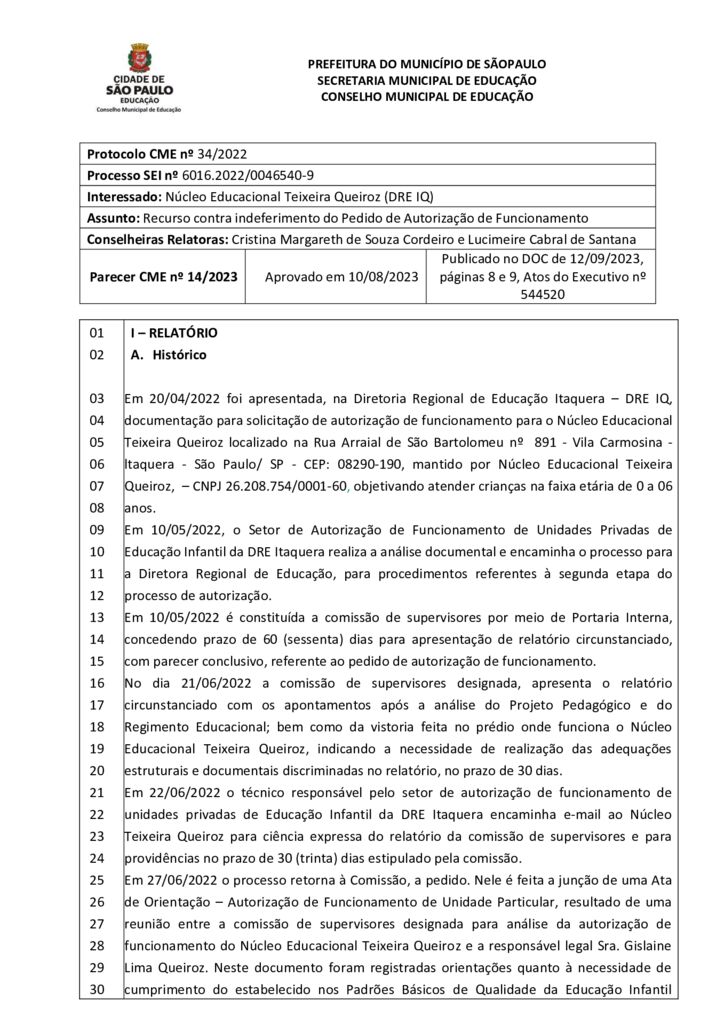 Parecer CME nº 14/2023 - Núcleo Educacional Teixeira Queiroz (DRE IQ) - Recurso contra indeferimento do Pedido de Autorização de Funcionamento