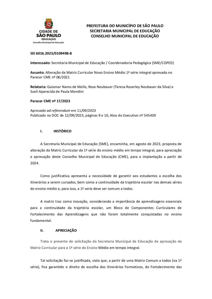 Parecer CME nº 17/2023 -  Alteração da Matriz Curricular Novo Ensino Médio 1ª série integral aprovada no Parecer CME nº 06/2021