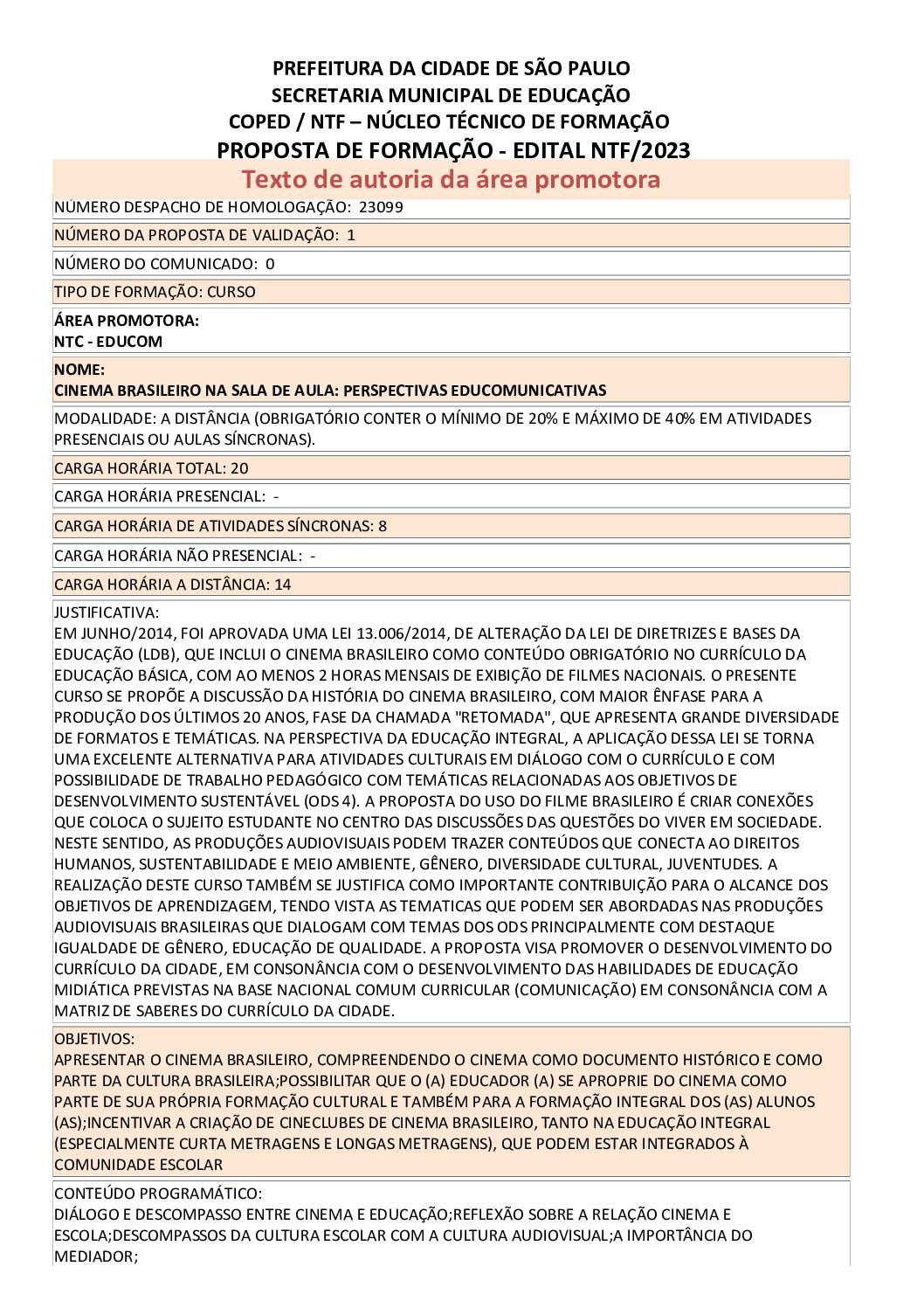 Proposta Formativa Homologada pela SME.