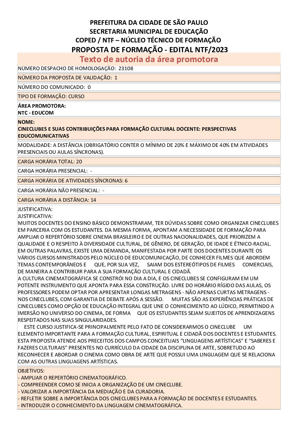 Proposta Formativa Homologada pela SME.
